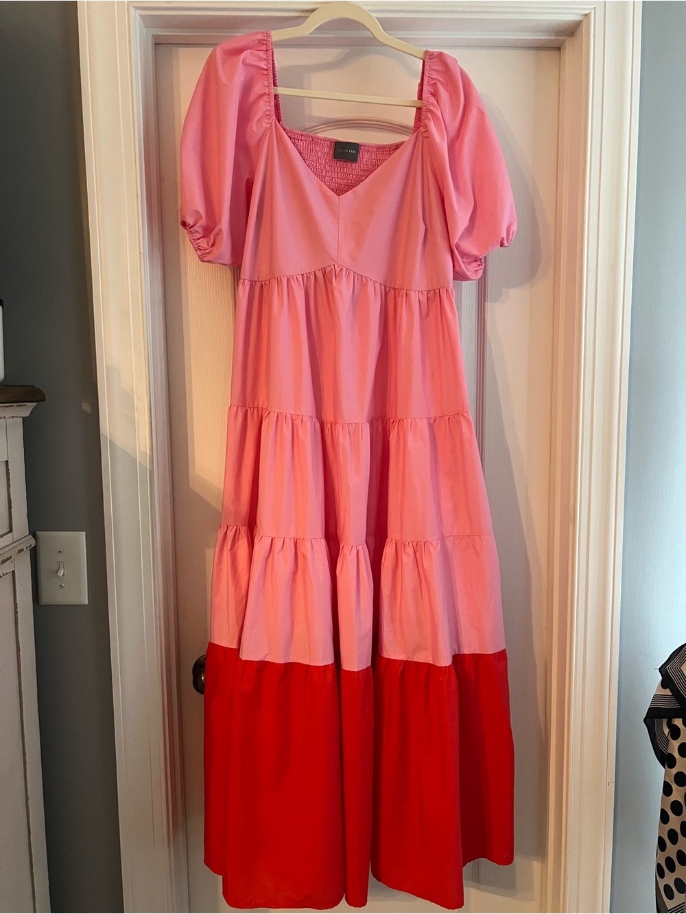 Tiered Pink and Red Maxi Dress with Puff Sleeves